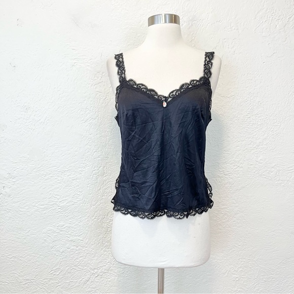 Vintage Black Cami Top Olga Lace Trim Rosette Small S Whimsigoth Feminine - Picture 1 of 10